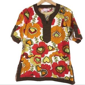 KOI Kathy Peterson Scrub Top XS Heart Floral t503